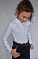 koszula, shirt, startowa, dziecięca , turniejowa, elegancka, show
zawody, konne, jeździeckie, white
Bluzka ze białą stójką ozdobną, koronka włoska , zamek ozdobny siateczka
z białymi mankietami ozdobnymi, siateczka white,subtelna