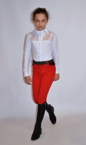 Koszula jeździecka, startowa z koronką 
Koszula dziecięca  turniejowa
Koszula elegancka show
Bluzka dziecięca na zawody konne
Bluzka dziecięca na zawody jeździeckie 
Bluzka ze białą stójką ozdobną z  mankietami ozdobnymi