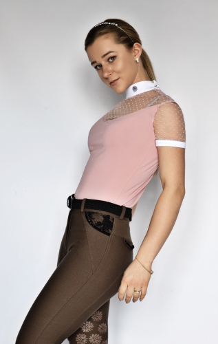 koszula, shirt, startowa, damska, turniejowa, elegancka, show
zawody, konne, jeździeckie, 
Bluzka ze białą stójką łezka, siateczka white,subtelna
