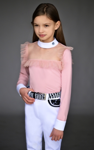 koszula, shirt, startowa, dziecięca, czarna turniejowa, elegancka, show
zawody, konne, jeździeckie, white
Bluzka ze białą stójką ozdobną, perły , łezka, siateczka
z białymi mankietami ozdobnymi, siateczka pink , subtelna