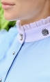 Koszula startowa, damska turniejowa, elegancka show,
 na zawody konne, jeździeckie z białą stójką ozdobną,
 z białymi, mankietami ozdobnymi, cyrkonie  jak Swarovski,
 siateczka elastyczna, gipiura włoska